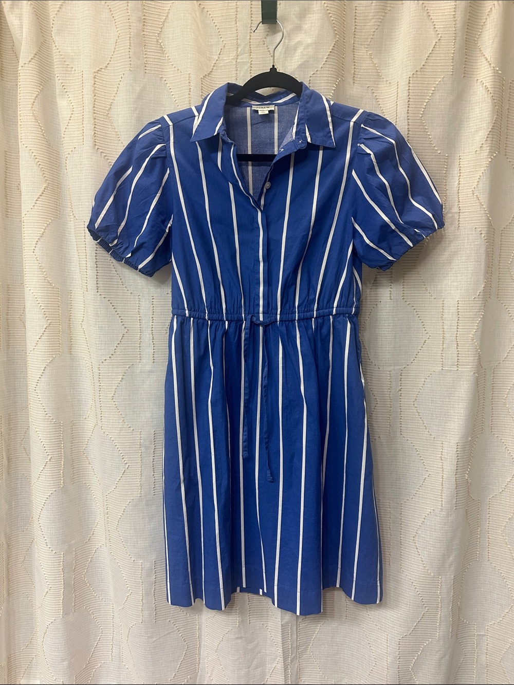 J. Crew Blue and White Striped Collared Short Sleeve Dress with pockets